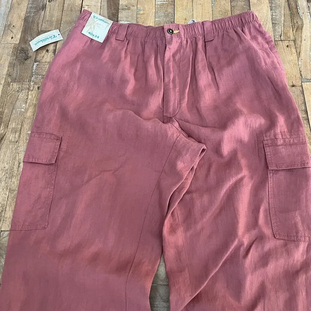 Caribbean Cargo Pants Men's 40x34 Mauve 100% Linen Adjustable Side Pockets NWT